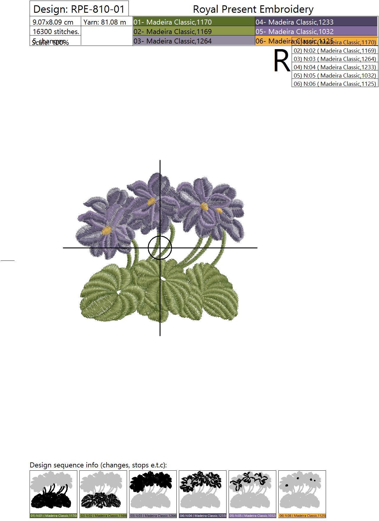 Violet flowers machine embroidery design Royal Present Embroidery