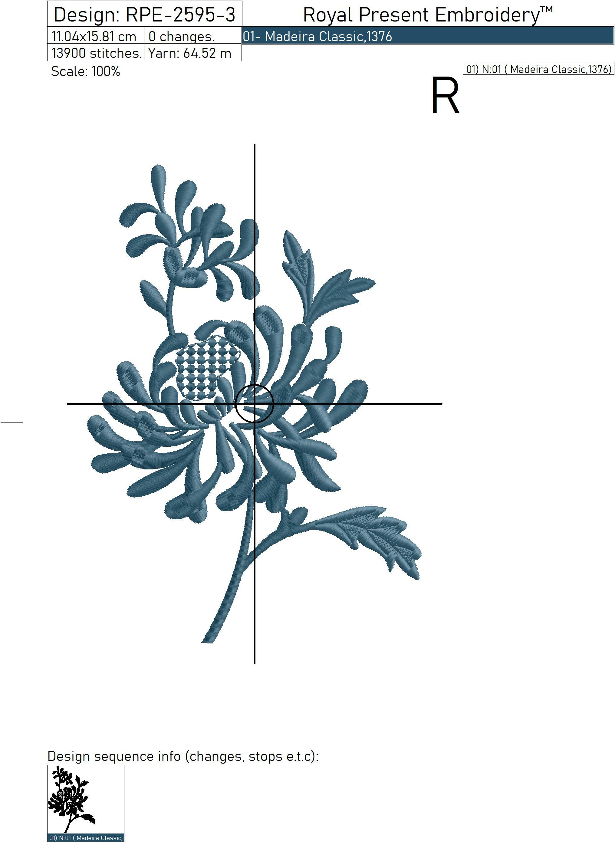 Chrysanthemum Machine Embroidery Design 3 sizes Royal Present