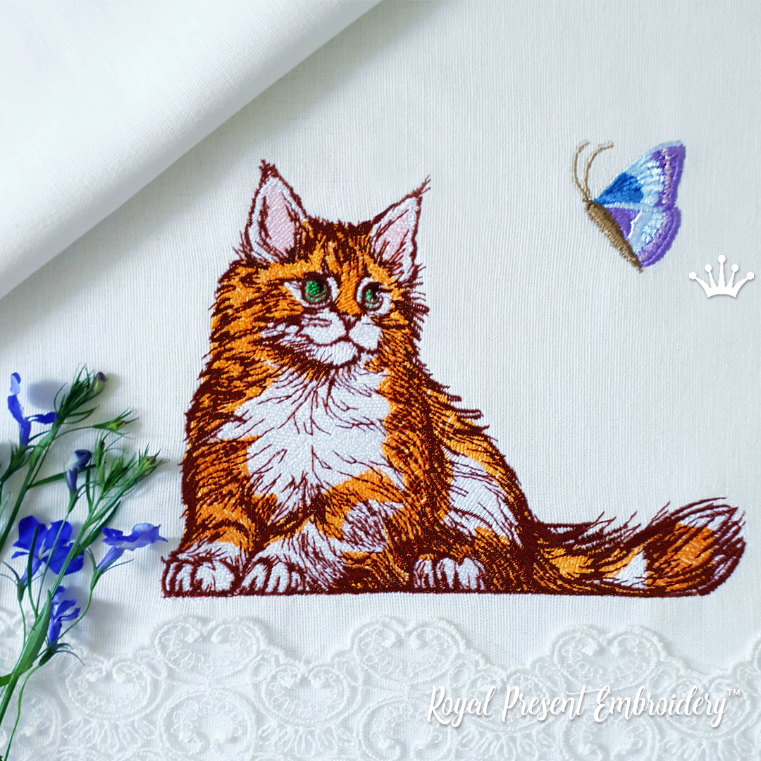 Red Cat Maine Coon with Butterfly Royal Present Embroidery