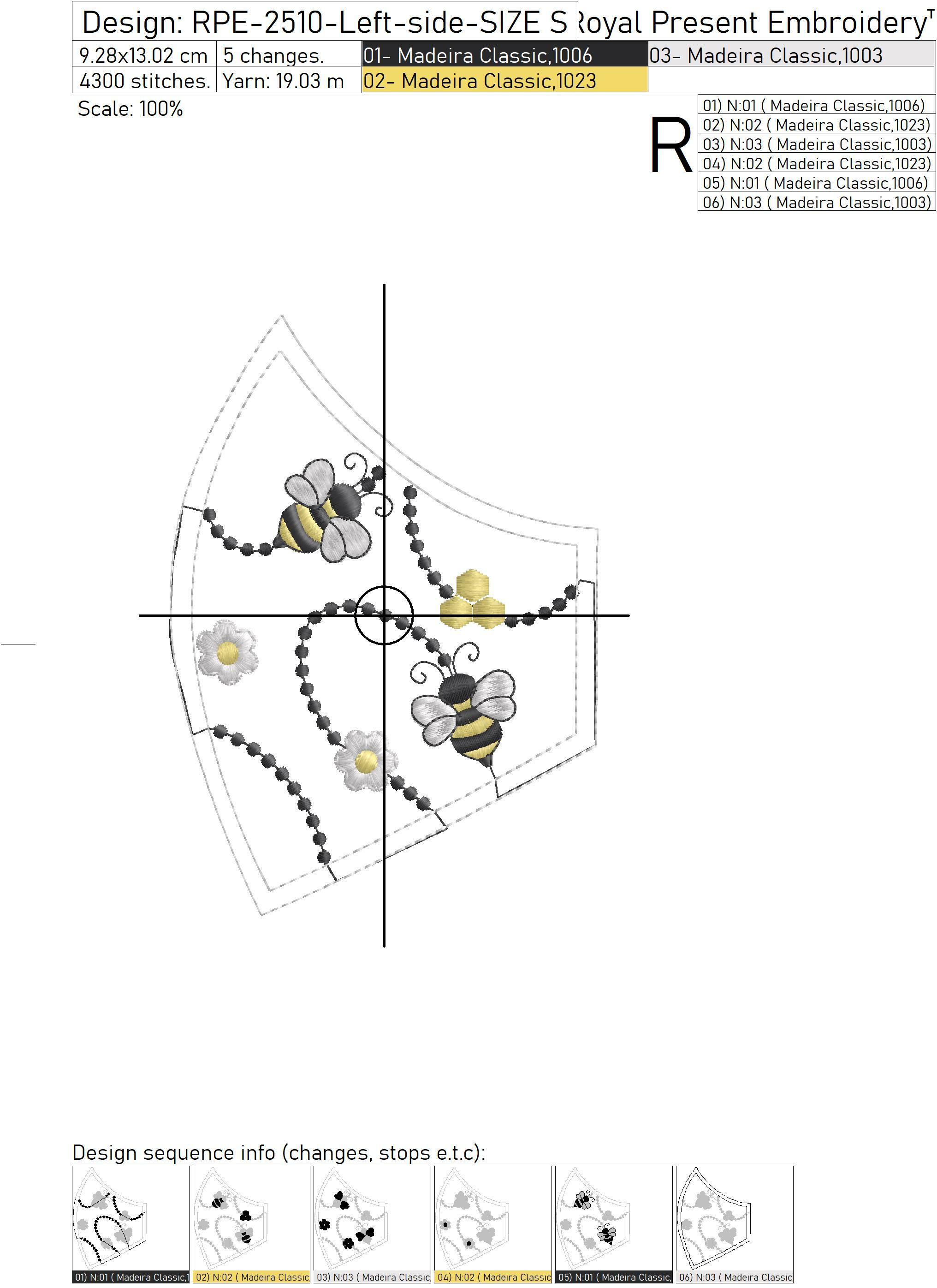 Bees Protective Face Mask Machine Embroidery Design 4 sizes Royal