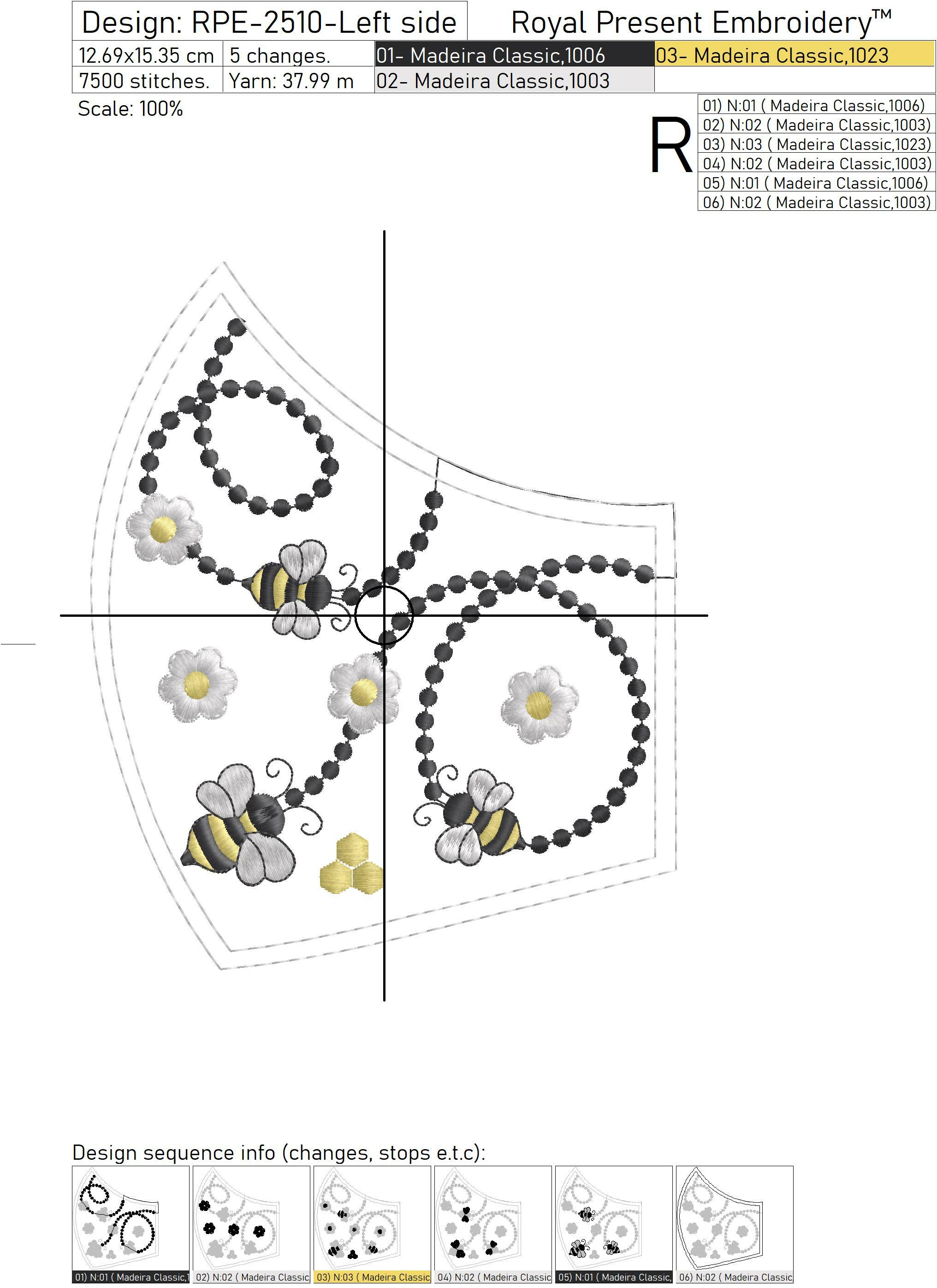 Bees Protective Face Mask Machine Embroidery Design 4 sizes Royal