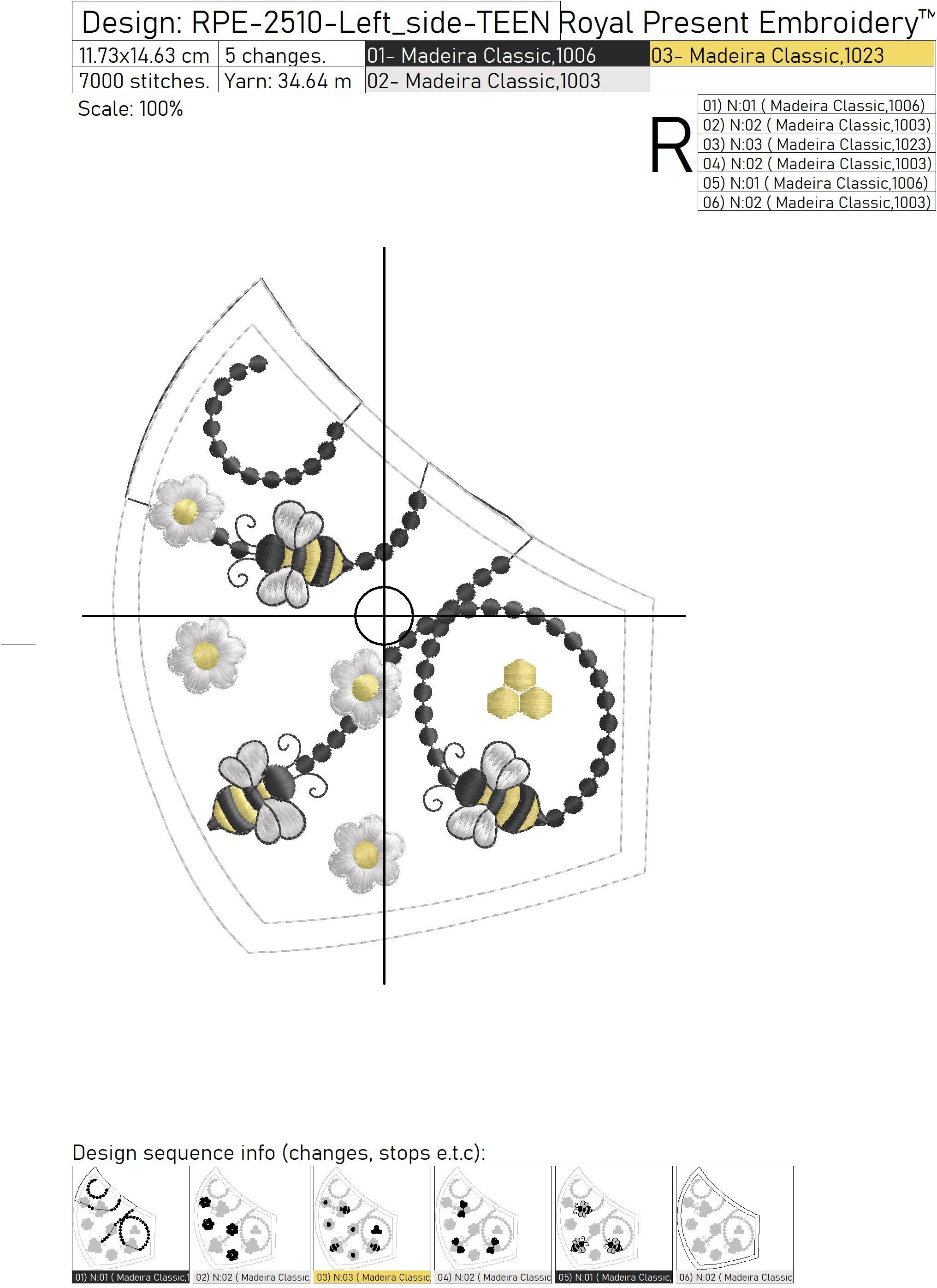 Bees Protective Face Mask Machine Embroidery Design 4 sizes Royal