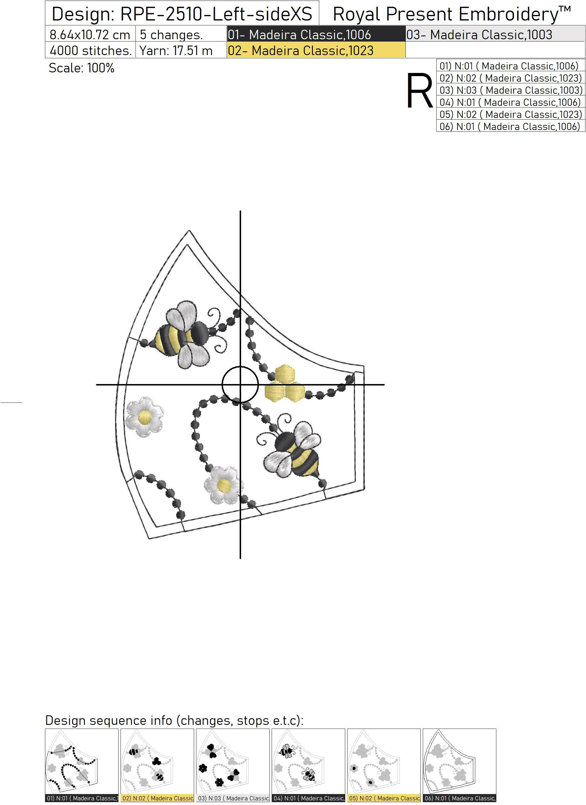 Bees Protective Face Mask Machine Embroidery Design 4 sizes Royal