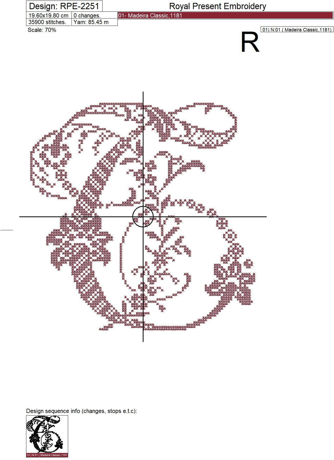 Capital letter T CrossStitch Machine Embroidery Design Royal Present