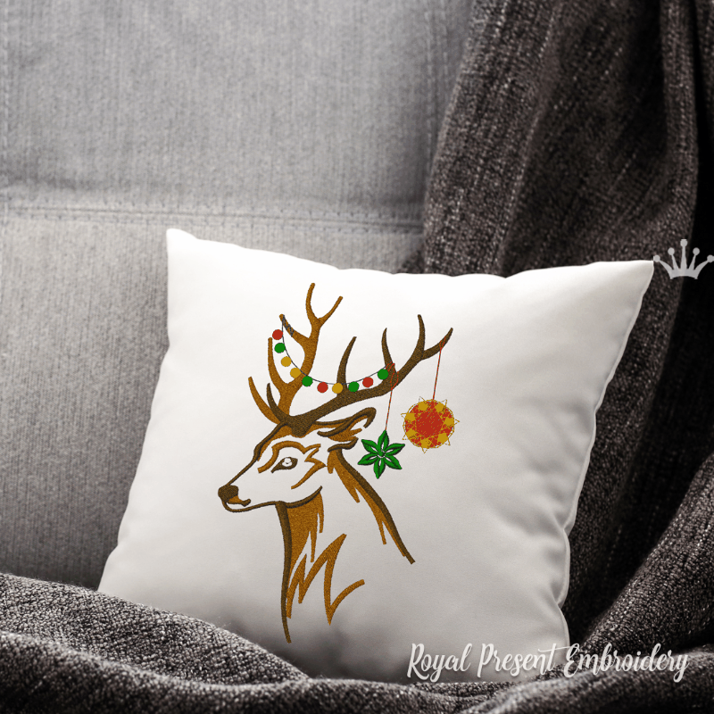 Christmas Forest Deer Head Machine Embroidery Design 7 sizes Royal
