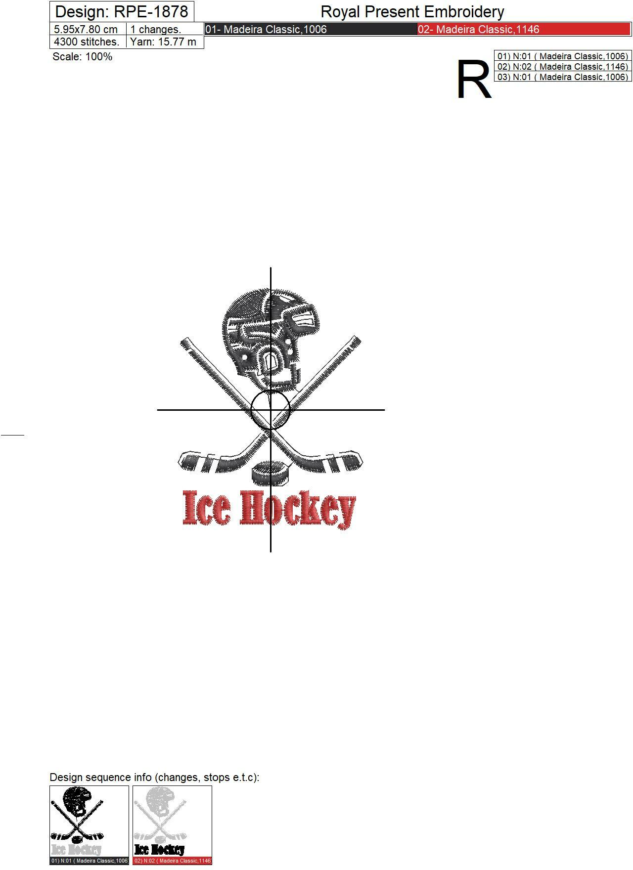 Ice Hockey Machine Embroidery Design 2 sizes Royal Present Embroidery