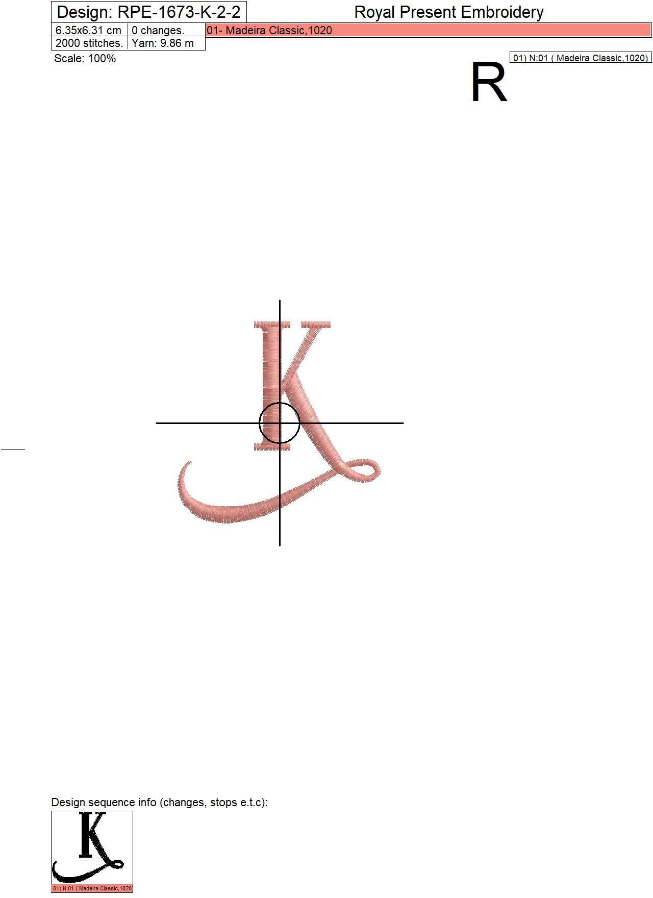 Capital Letter K Embroidery design V2 Royal Present Embroidery