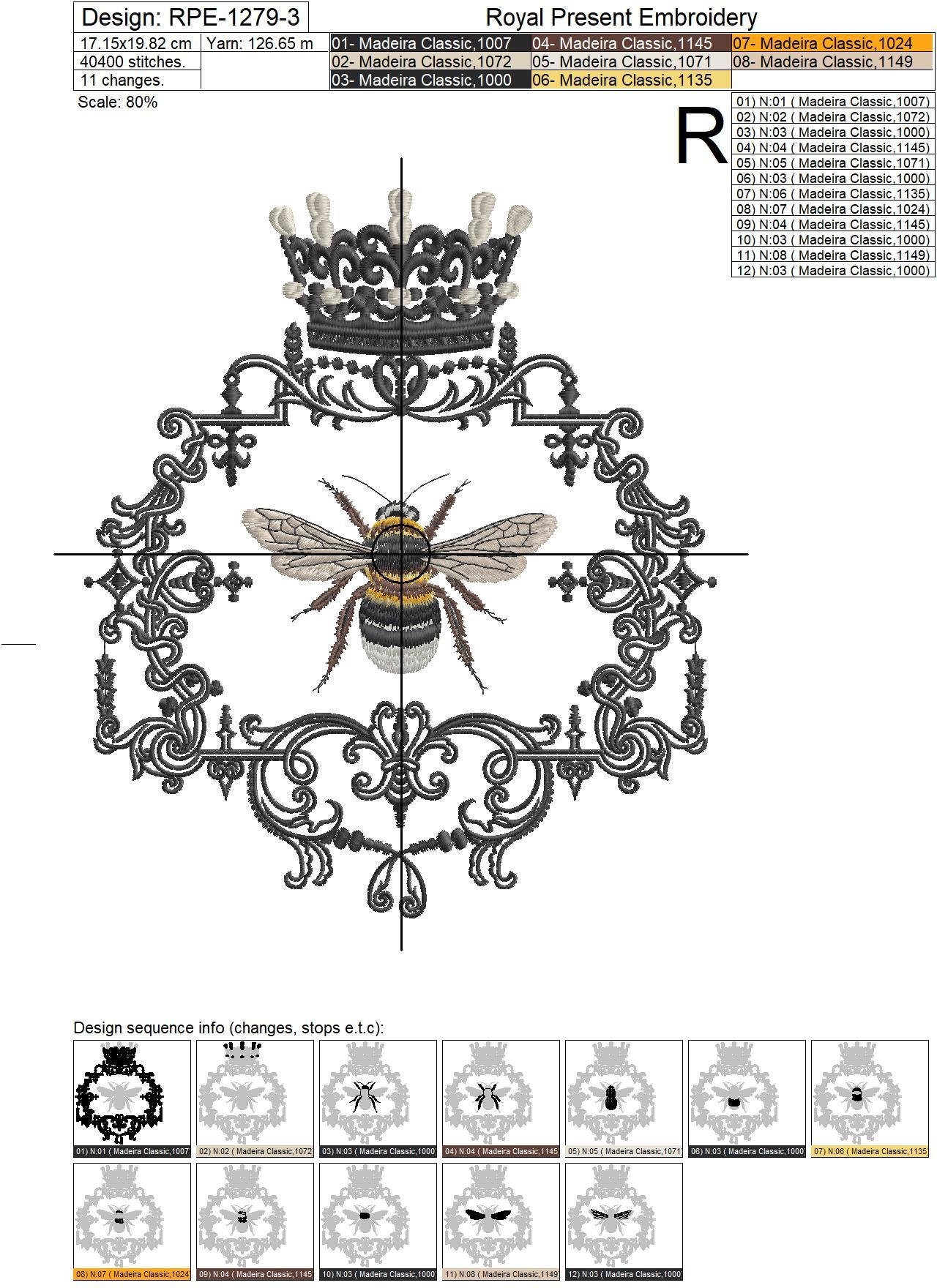 Queen Bee machine embroidery design 3 sizes Royal Present Embroidery