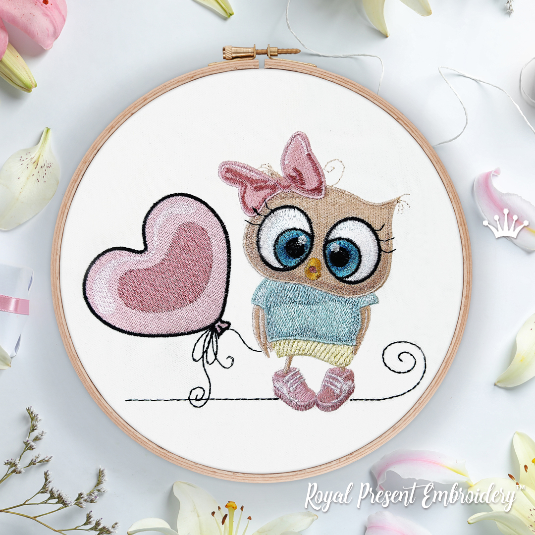 Machine Embroidery Design Cute Owl girl with balloon 3 sizes Royal