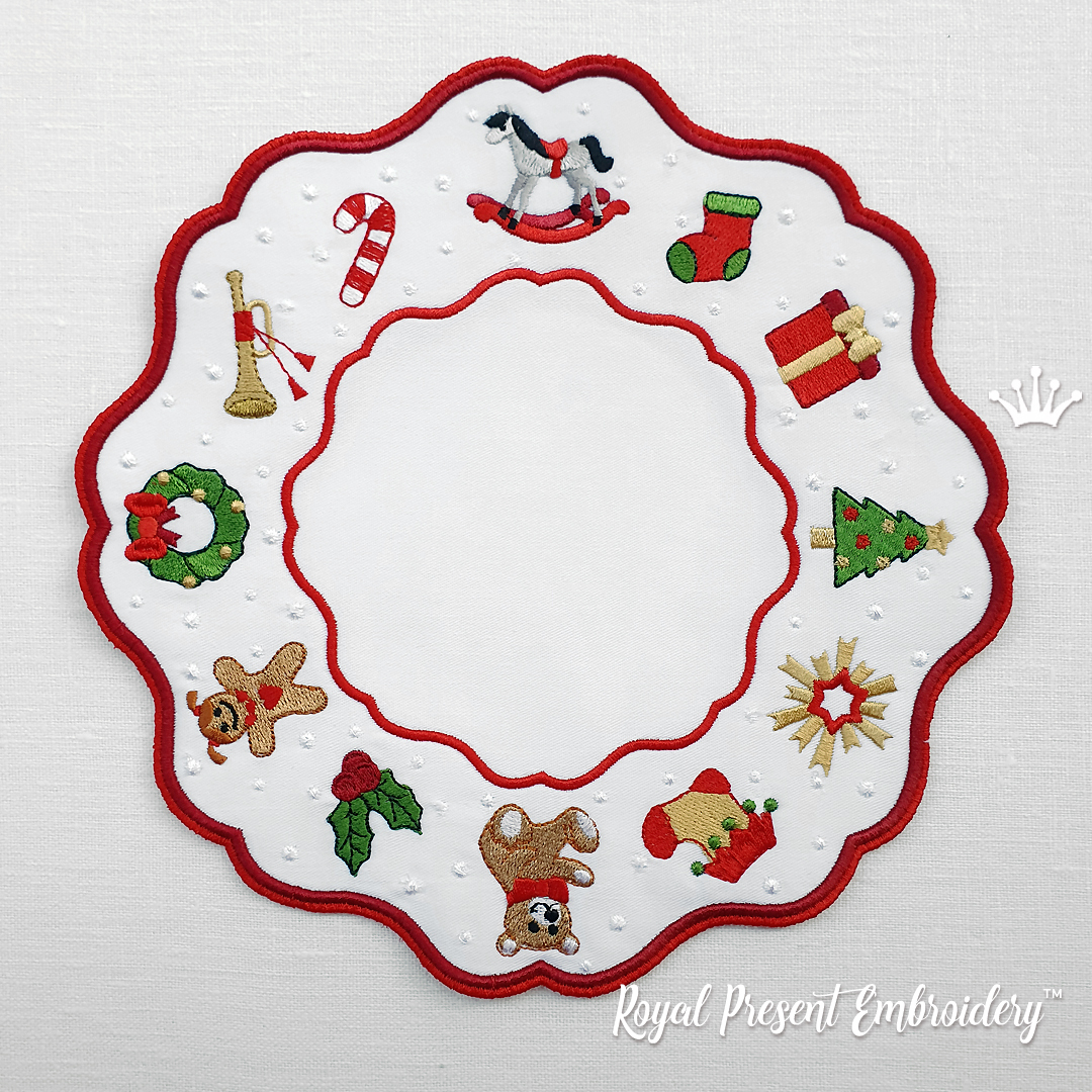 Christmas toys table placemat ITH machine embroidery design 2 sizes