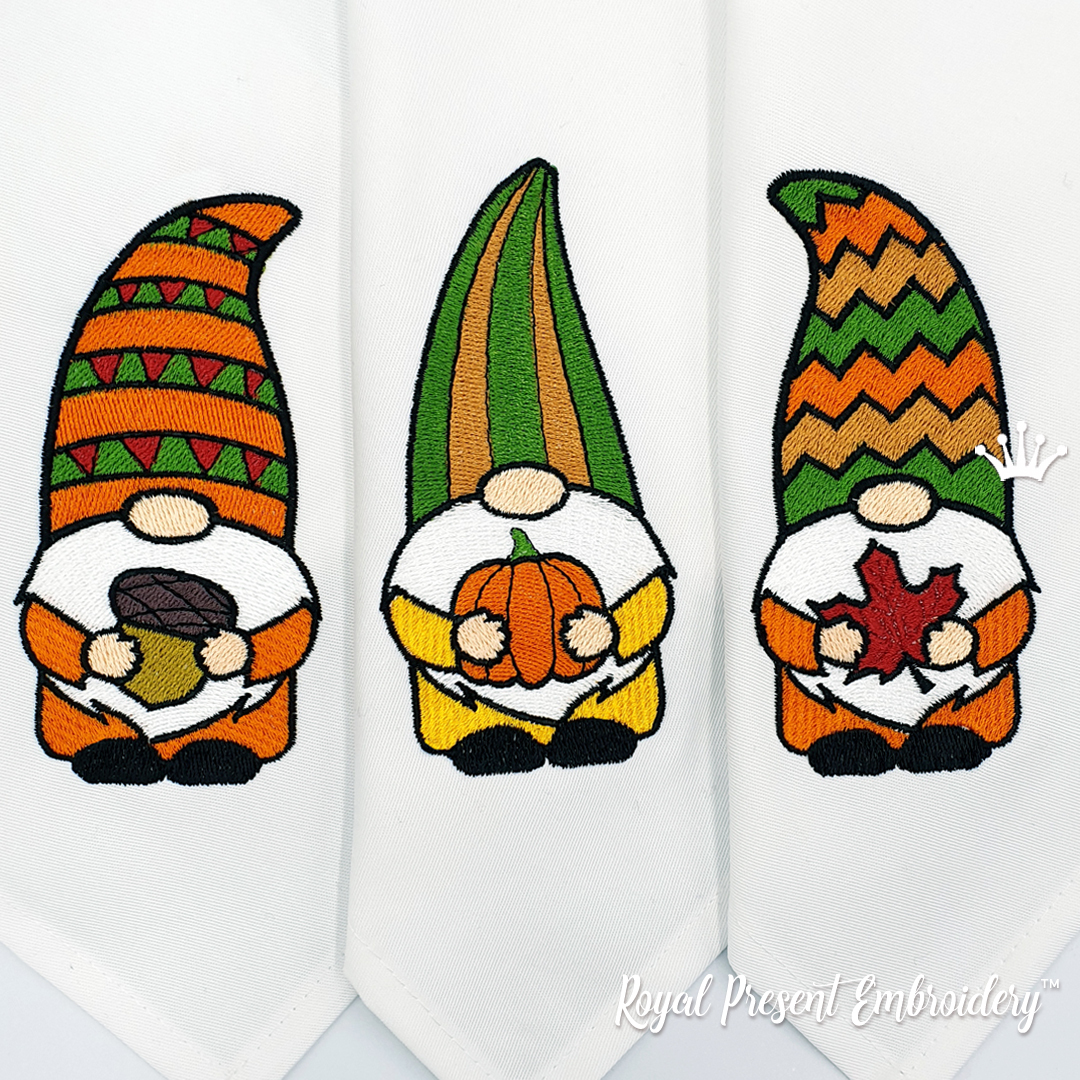 Three Autumn Gnomes Machine Embroidery Designs 2 sizes Royal