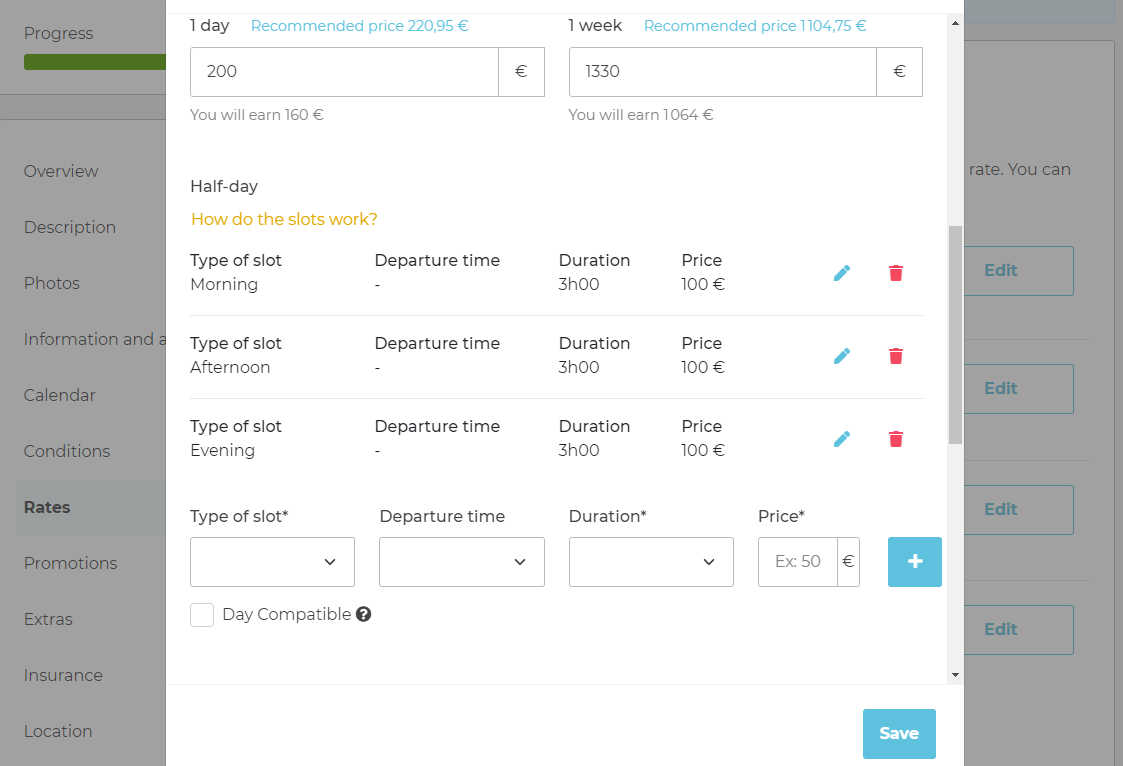 How do the halfdays or slots work? Help SamBoat