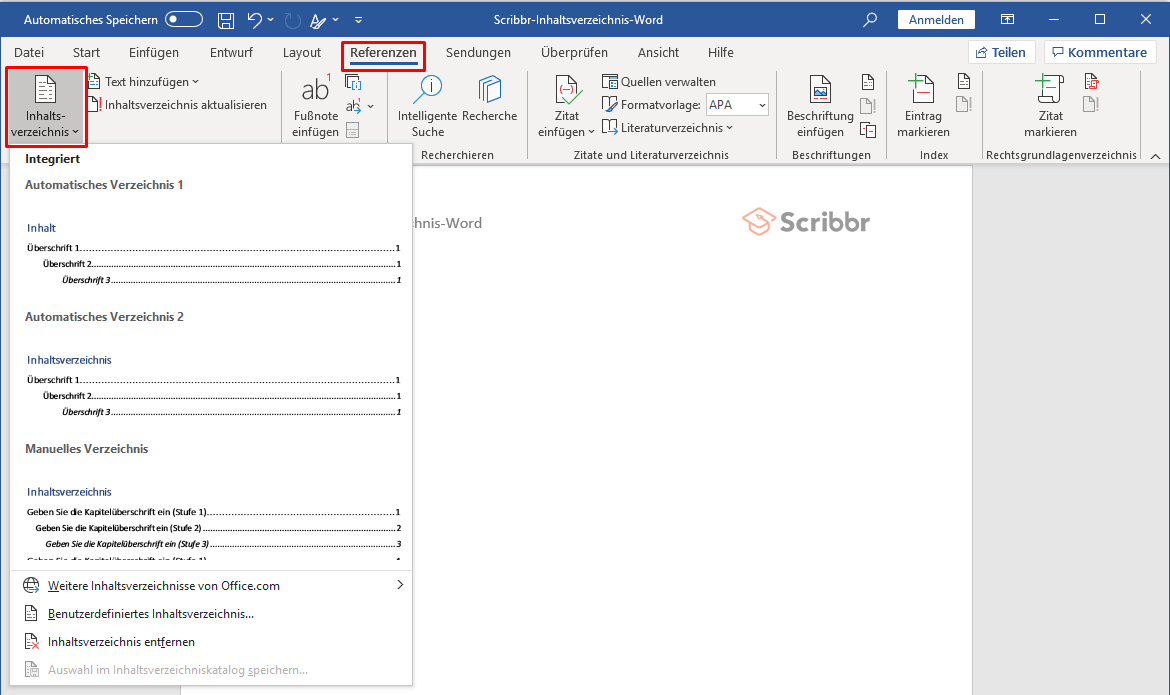 Automatisches Inhaltsverzeichnis in Microsoft Word