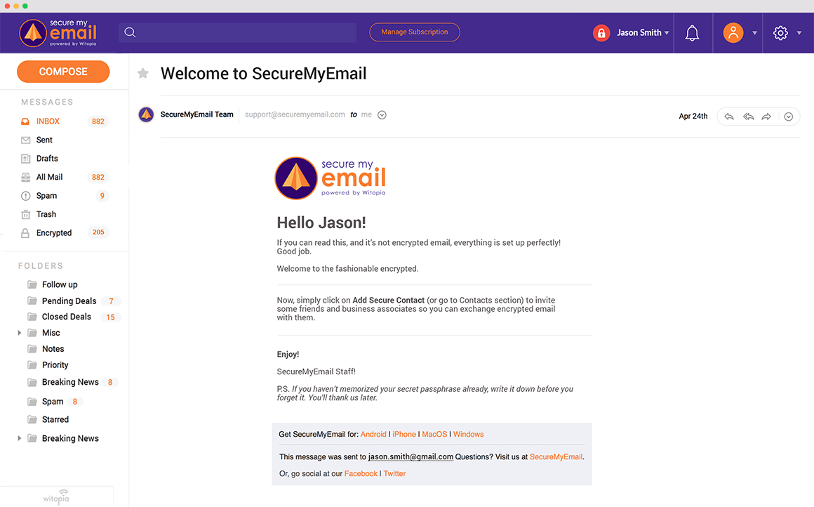 Encrypt any Email SecureMyEmail™ is free secure email.