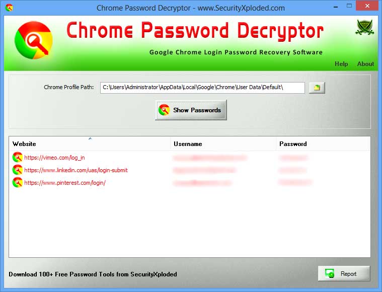 ChromePasswordDecrytor showing the saved signon html reprot