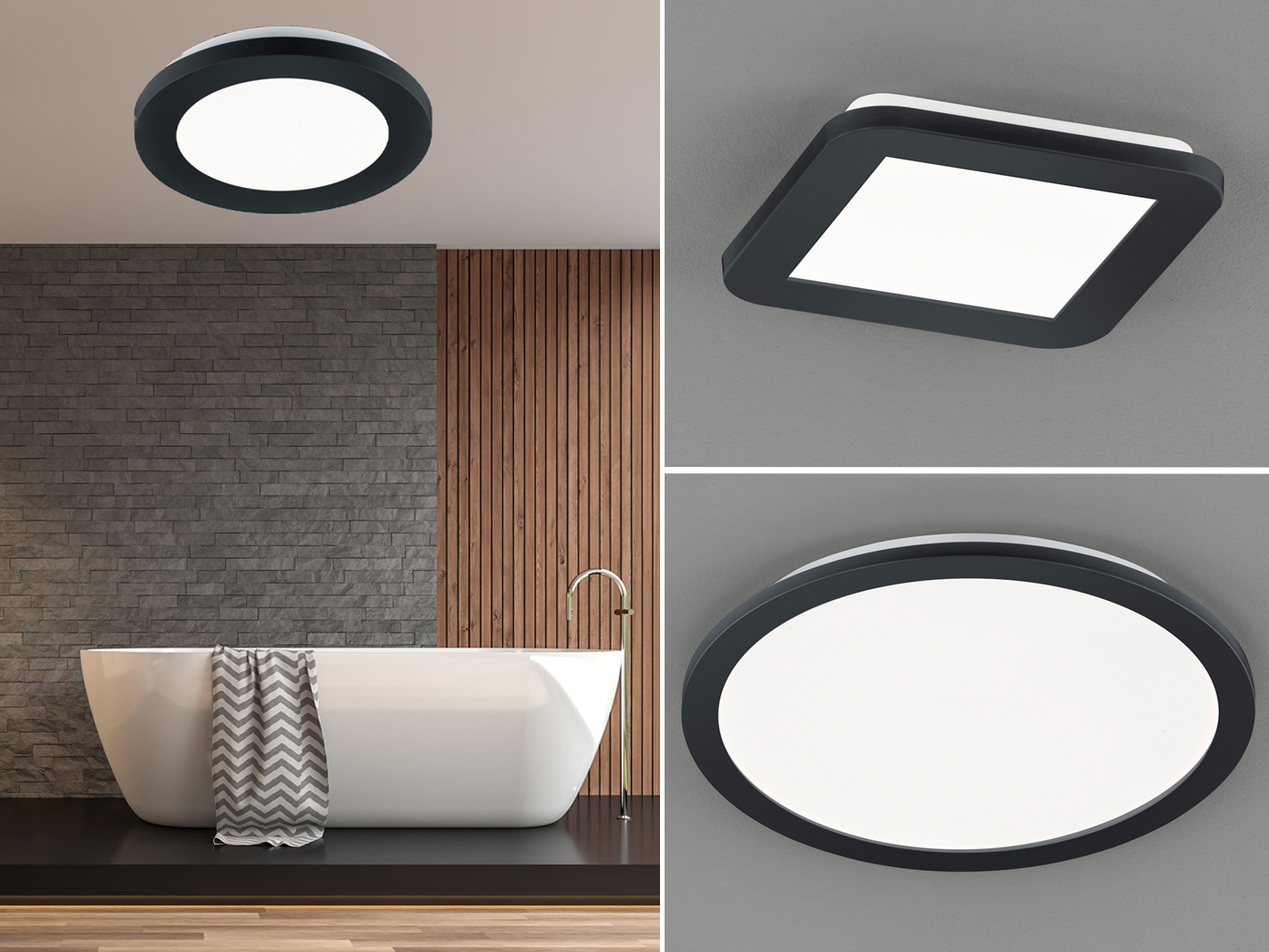 Schwarze LED Deckenlampen mit Dimmer für Bad & Ankleidezimmer eckige