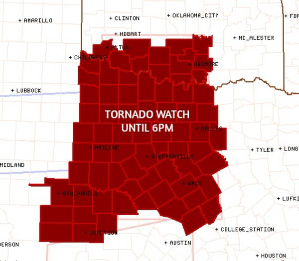 Tornado Watch issued TX, OK. Wind gusts to 80mph, hail to 2.5" diameter