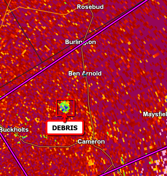 408pm Debris signature on radar with storm near Ben Arnold, TX!