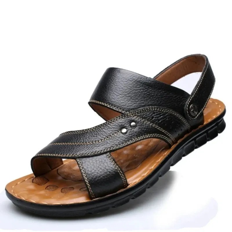 Men's Summer Genuine Leather Sandals Comfortable Slipon Beach Shoes