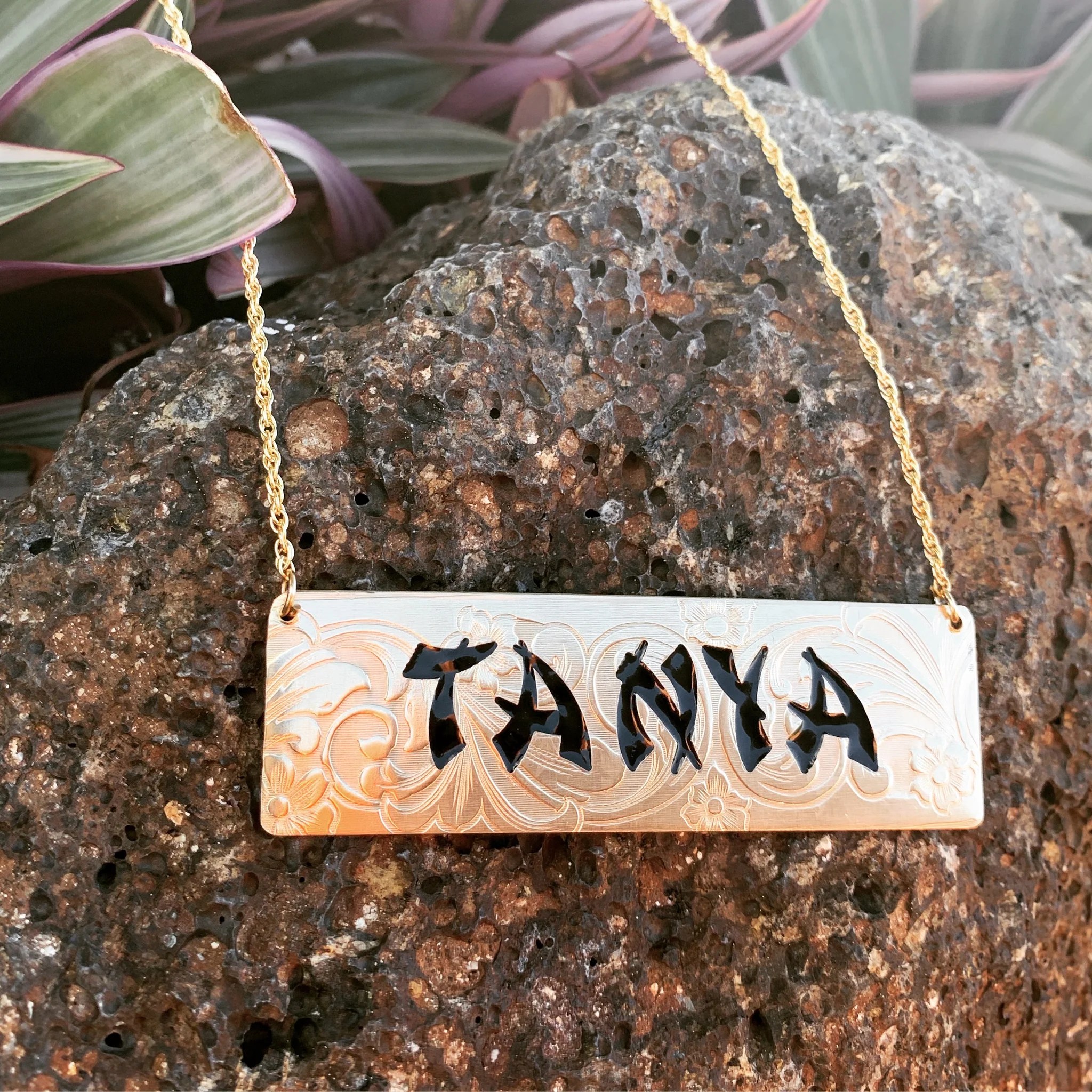 24mm Hawaiian Scroll and Flower Gold Filled Name Plate (10 letters