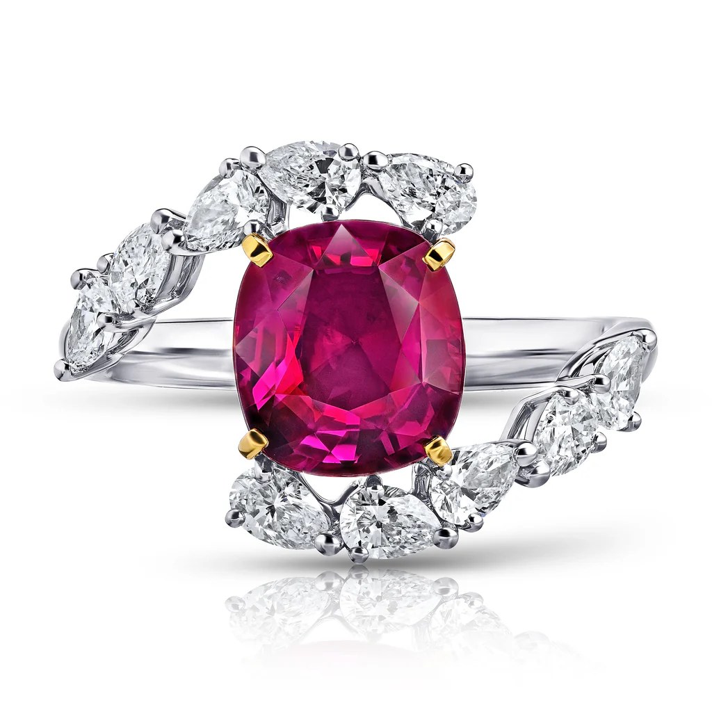 3 Ct Cushion Red Ruby Ring with Pear Diamonds MDR Atelier