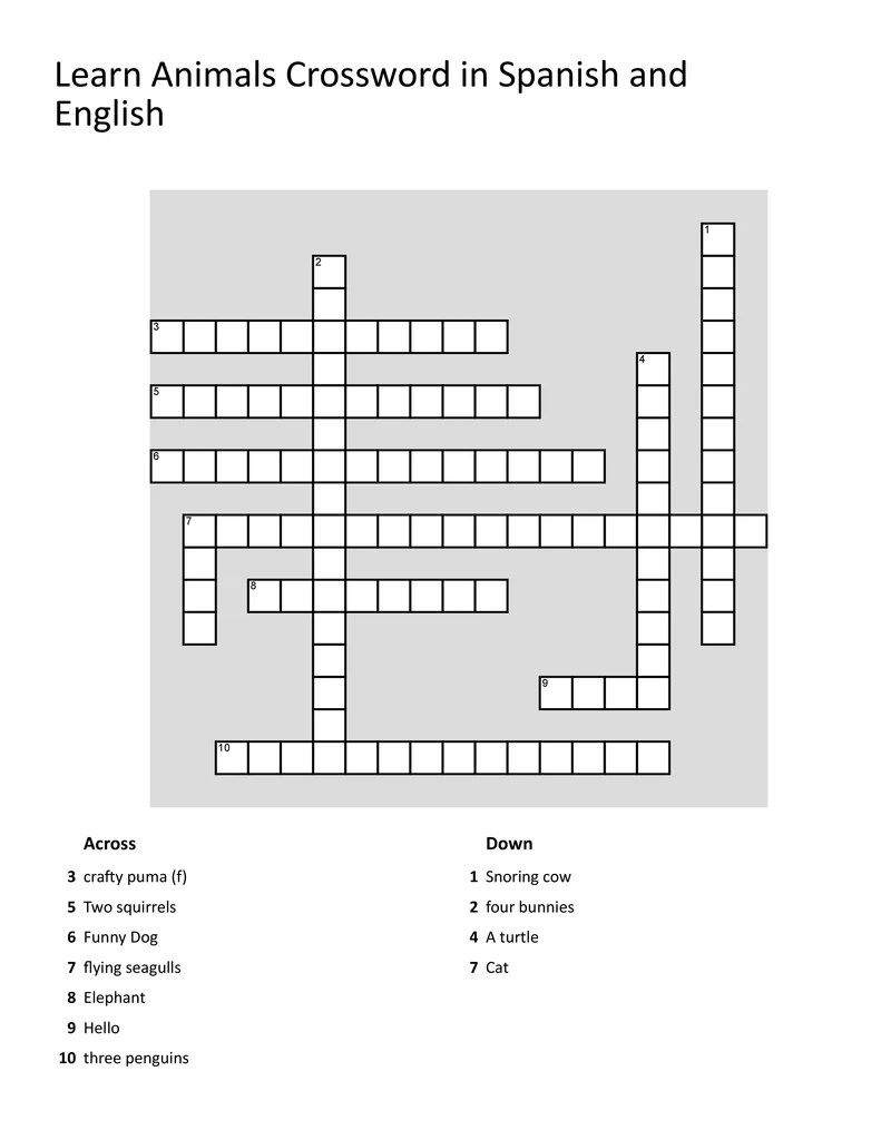 Printabable Crossword Puzzle In Spanish For Animals | Multilingual Books