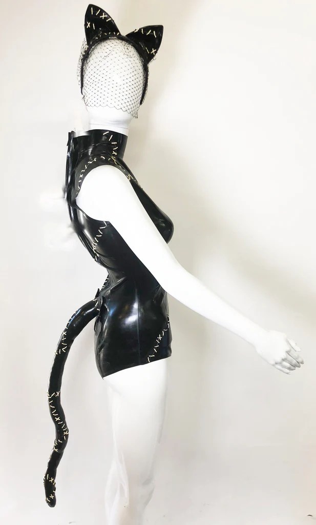 Custom Kitty Cat Bodysuit, Tail and headpiece. Vex Latex