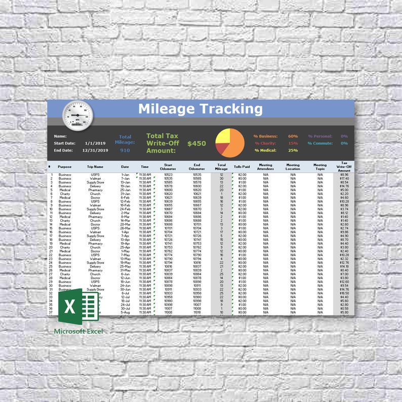 Mileage Tax Deduction Tracking Log 2019
