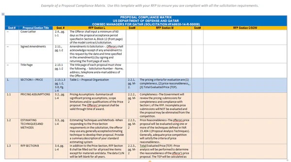 A Free Proposal Compliance Matrix Example The Federal Proposal Experts