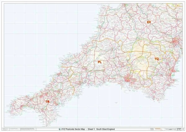 Cornwall & West Devon Laminated Postcode Sector Map