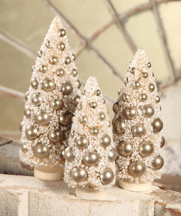 Ivory Bottle Brush Tree With Silver Balls Christmas Decorations