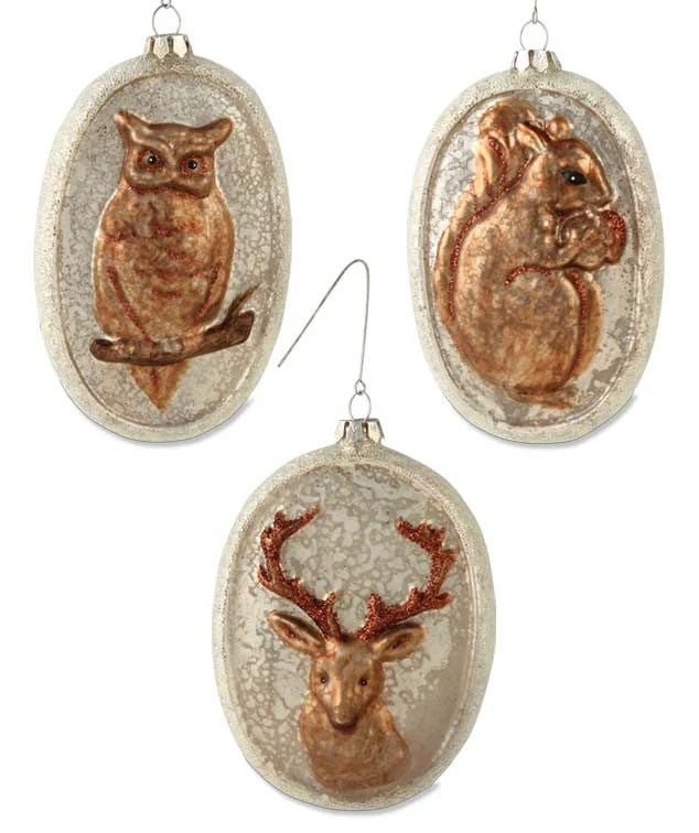 Rustic Chic Christmas Woodland Glass Ornaments Owl, Reindeer and Squirrel Oval Ornaments