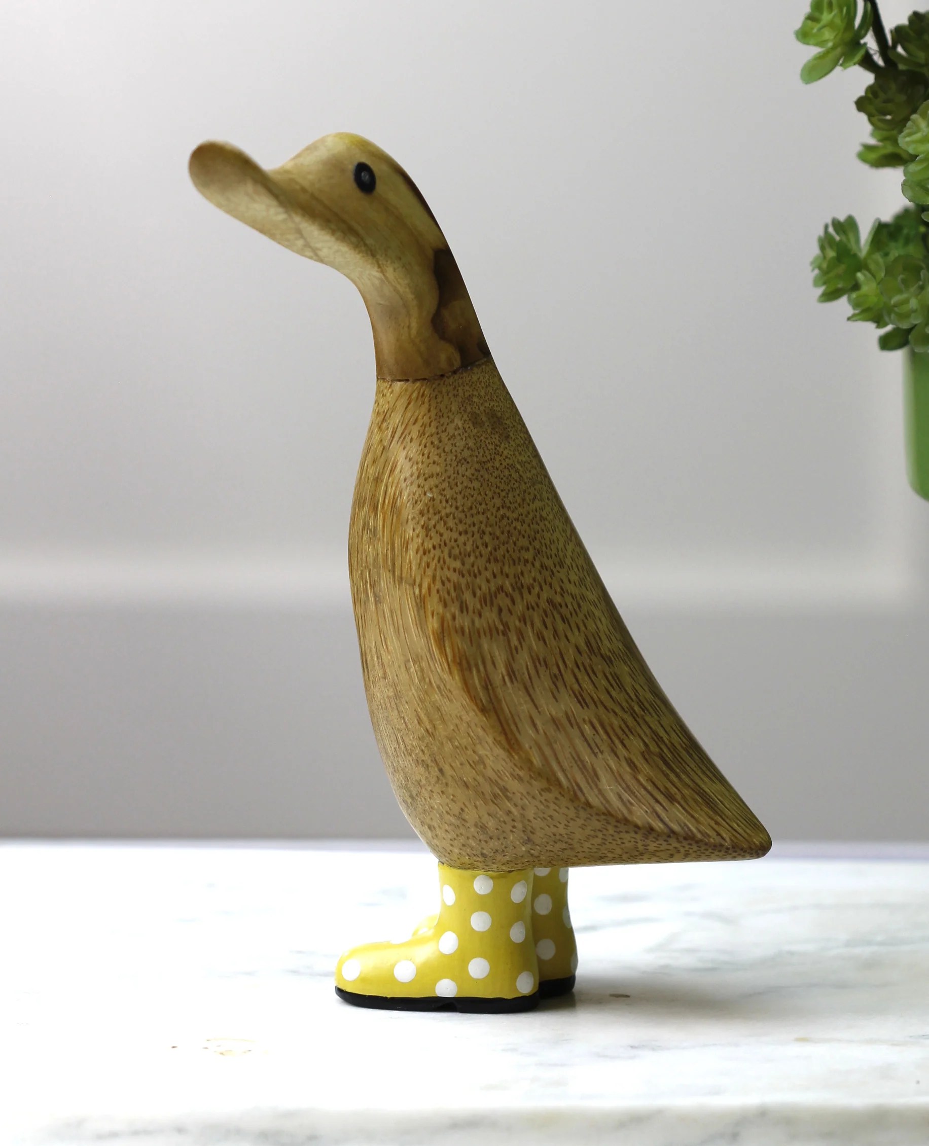 Wooden Duck with Yellow Welly Boots Duck in Polka Dot Rain Boots