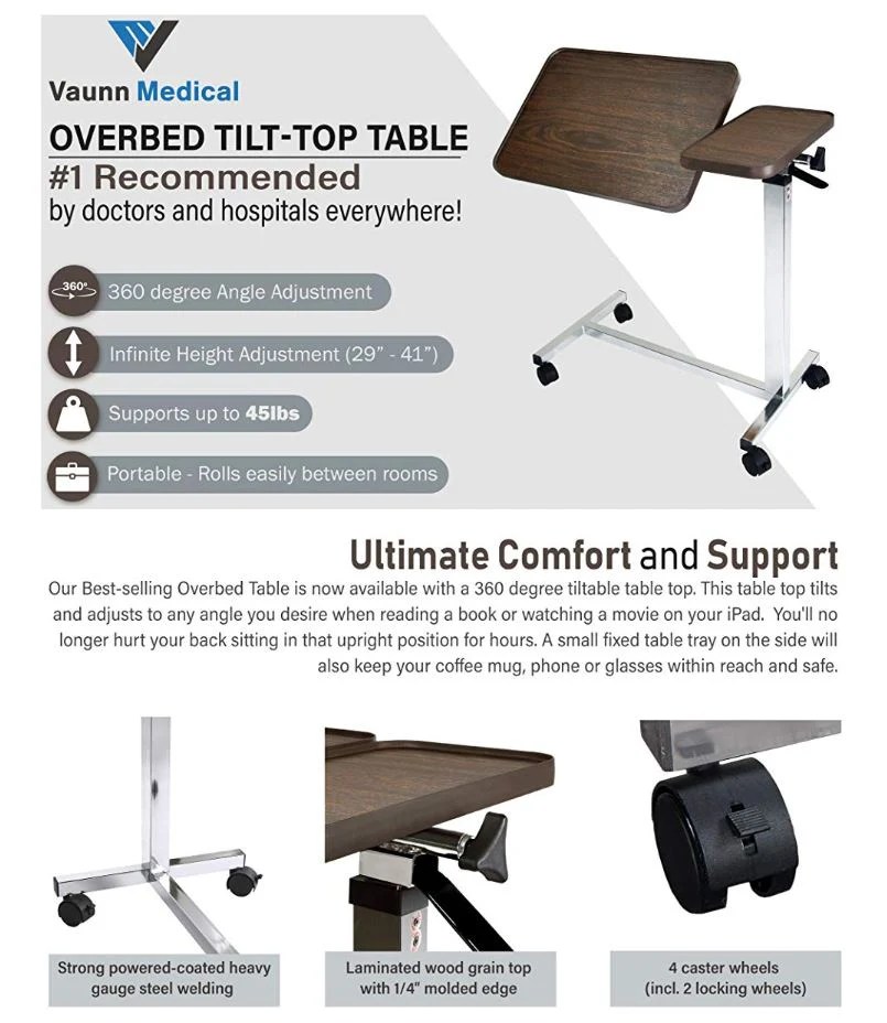 Vaunn Medical Adjustable Tilt Top Overbed Bedside Table for Home