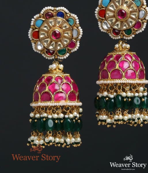 Multicolor Studd Jhumka Earring with Rubilite Jhumka with Inlay Setting and Emerals Drop