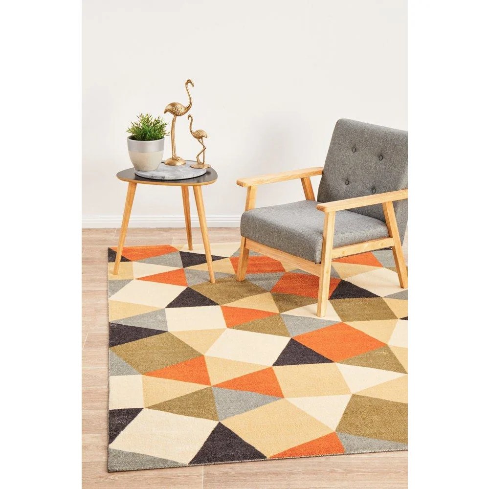 Calais Orange Multi Coloured Geometric Squares Triangles Modern Rug