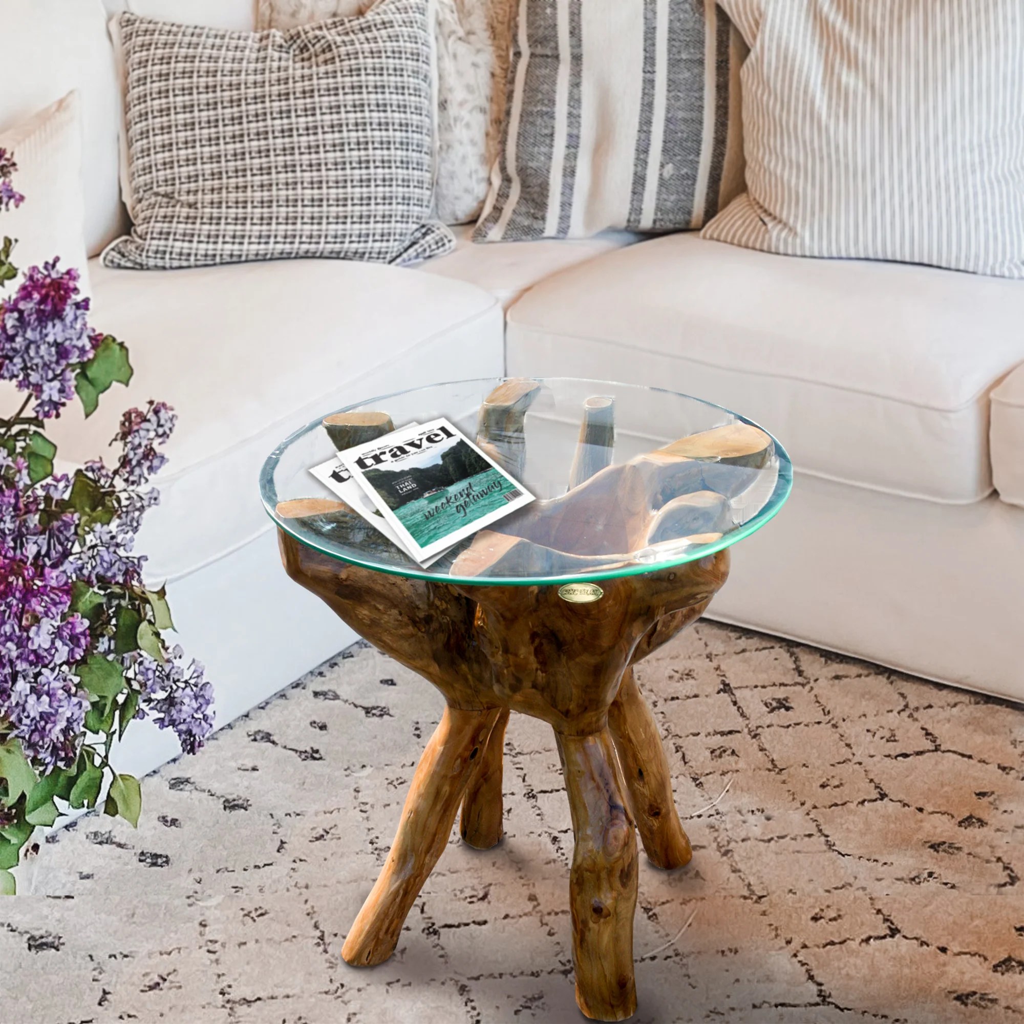 Teak Wood Root Side Table with 24" Round Glass Top by Chic Teak only
