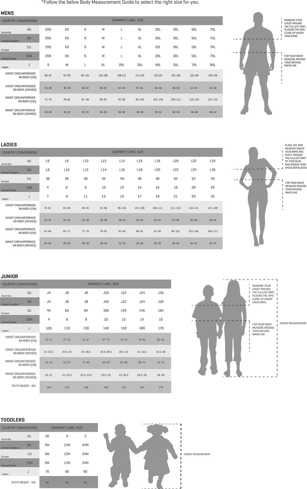 Netball New Zealand Store Sizing chart
