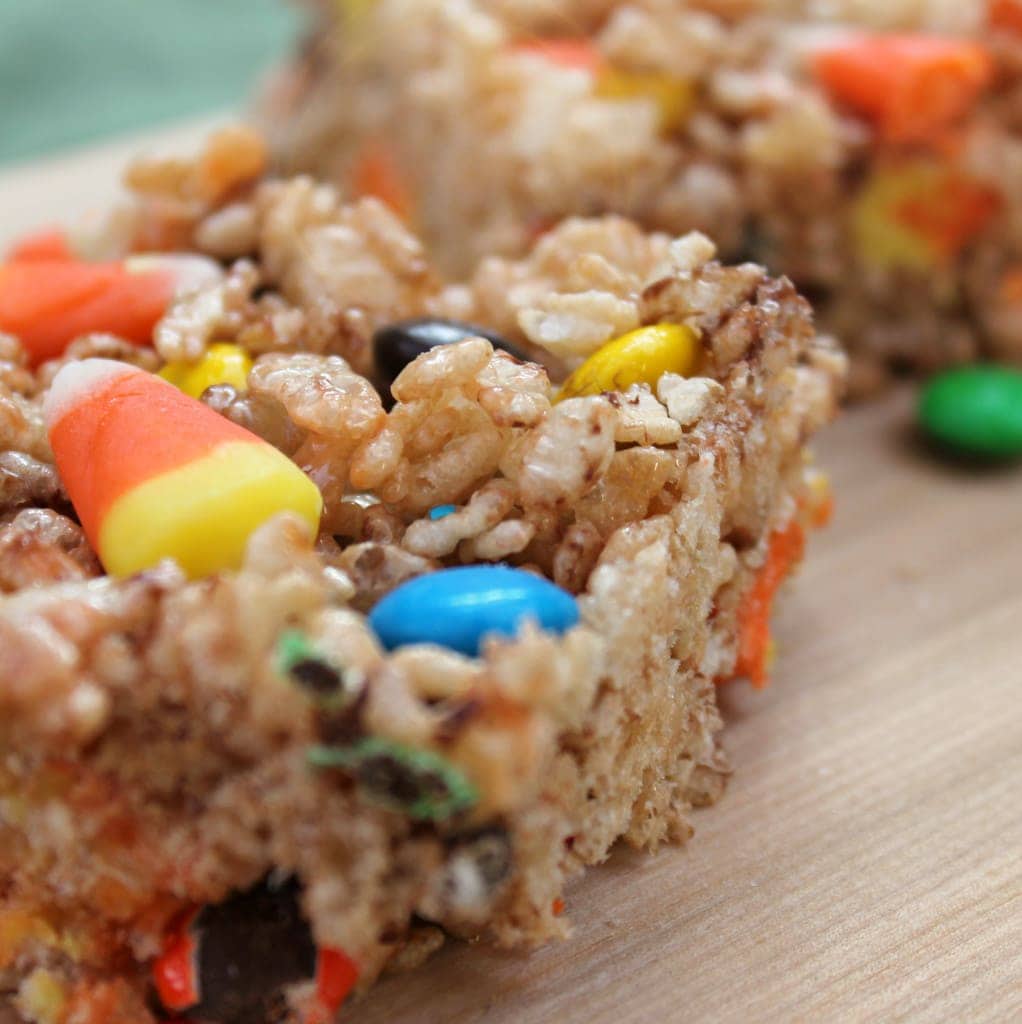 Chewy Crispy Bars with Candy Corns & M&Ms Recipe I Can Cook That I