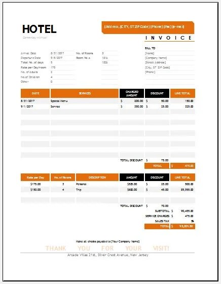 Hotel Invoice Templates for MS Excel Word & Excel Templates