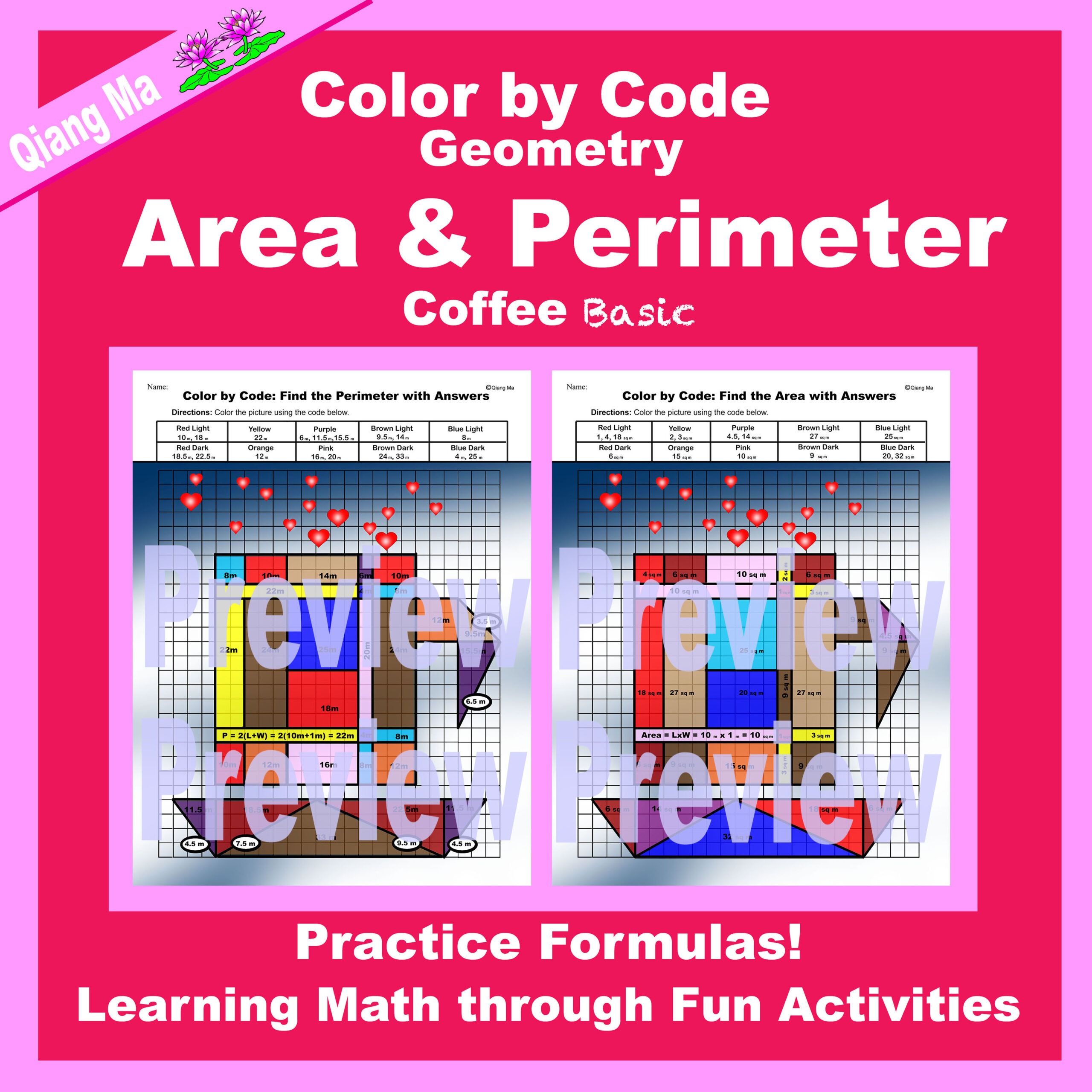 Mother's Day Color by Code Area and Perimeter Practice Formulas Basic
