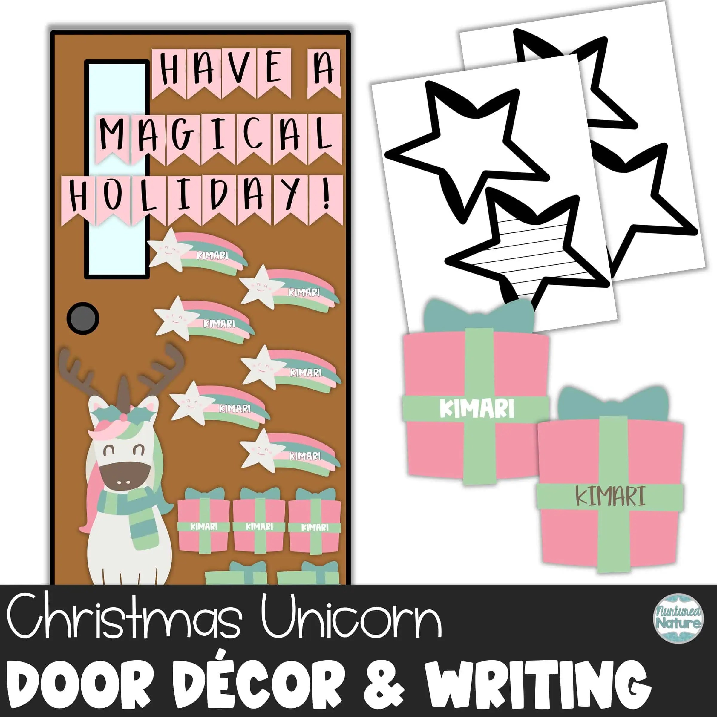 Unicorn Christmas Door Decoration Kit with Editable Name Tag Labels and
