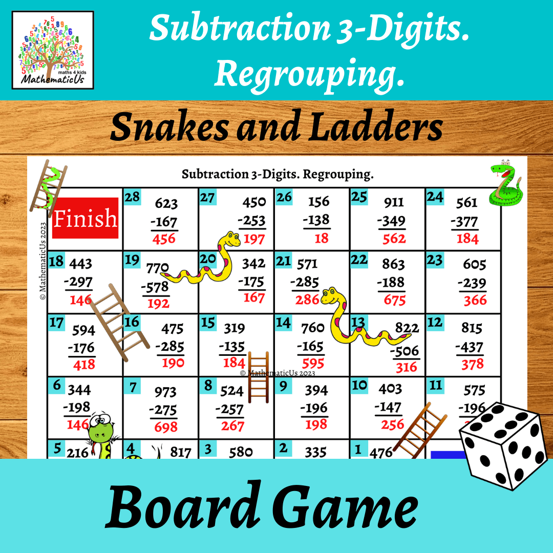3 - Digits Subtraction with Regrouping Snakes and Ladders Dice Games