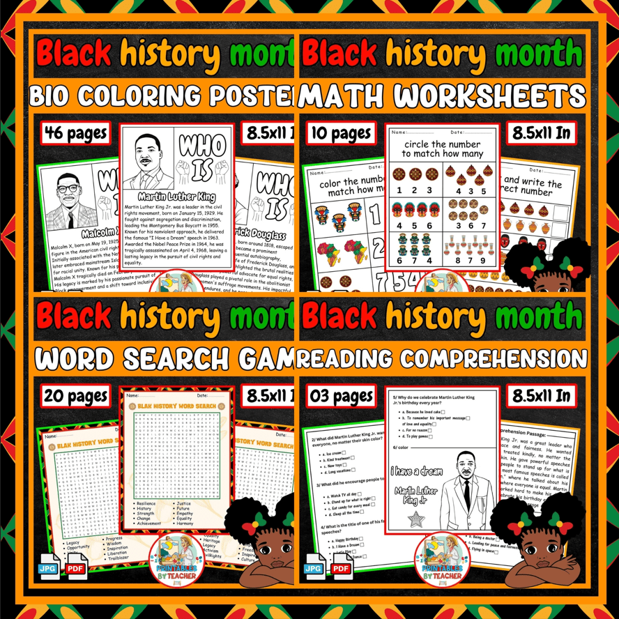Black History Month Activities Bundle | math-word search-coloring