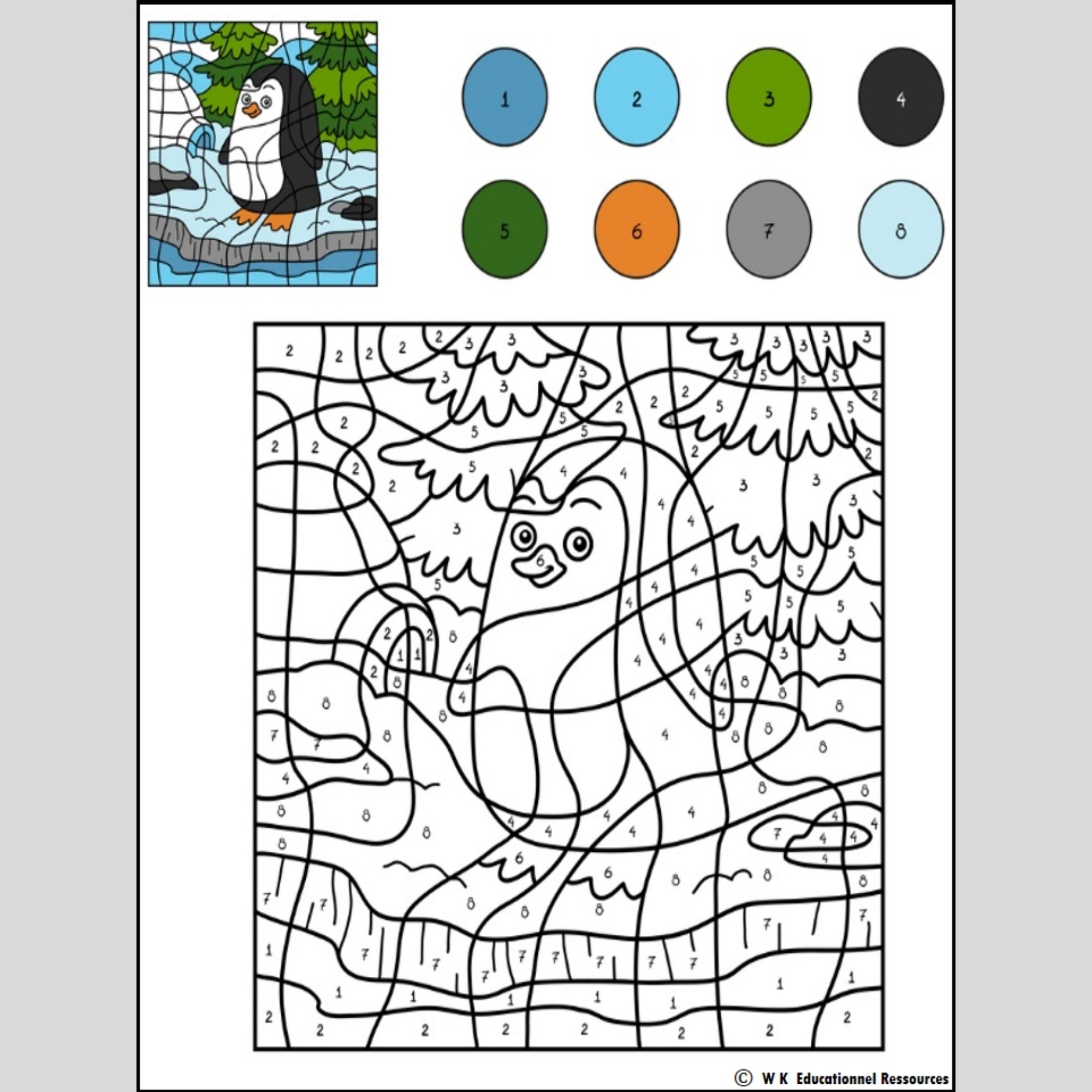 Penguin Color By Numbers Coloring Page Addition & Subtraction Winter
