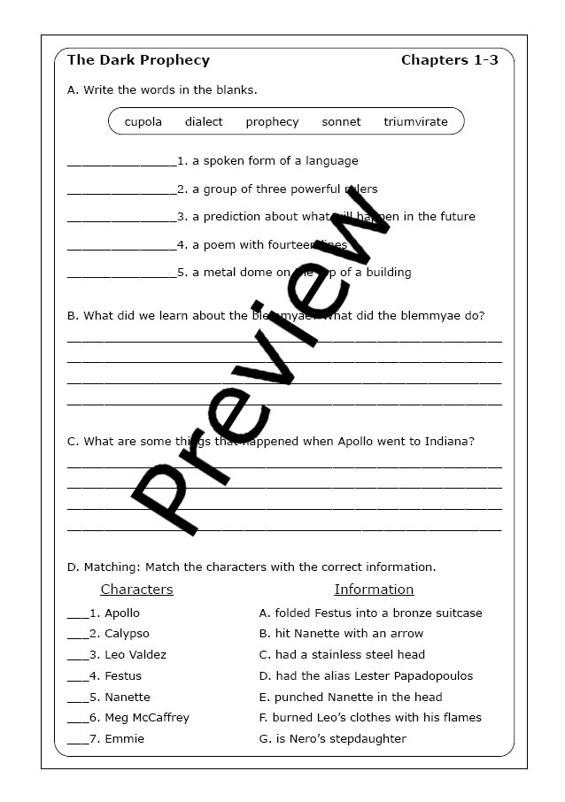 Rick Riordan "The Dark Prophecy" worksheets Made By Teachers
