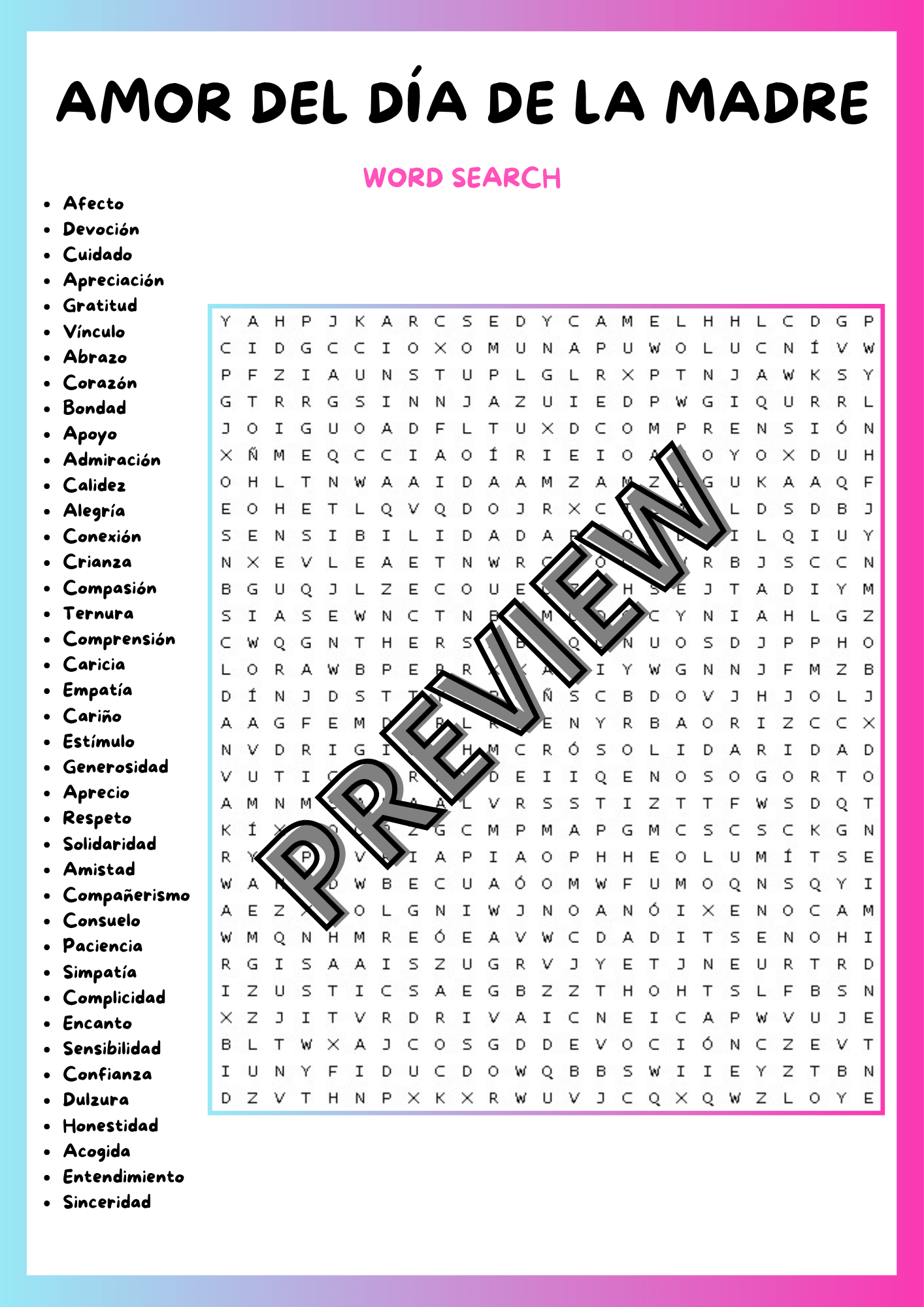 MOTHER'S DAY LOVE WORD SEARCH PUZZLE IN SPANISH WORKSHEET ACTIVITY
