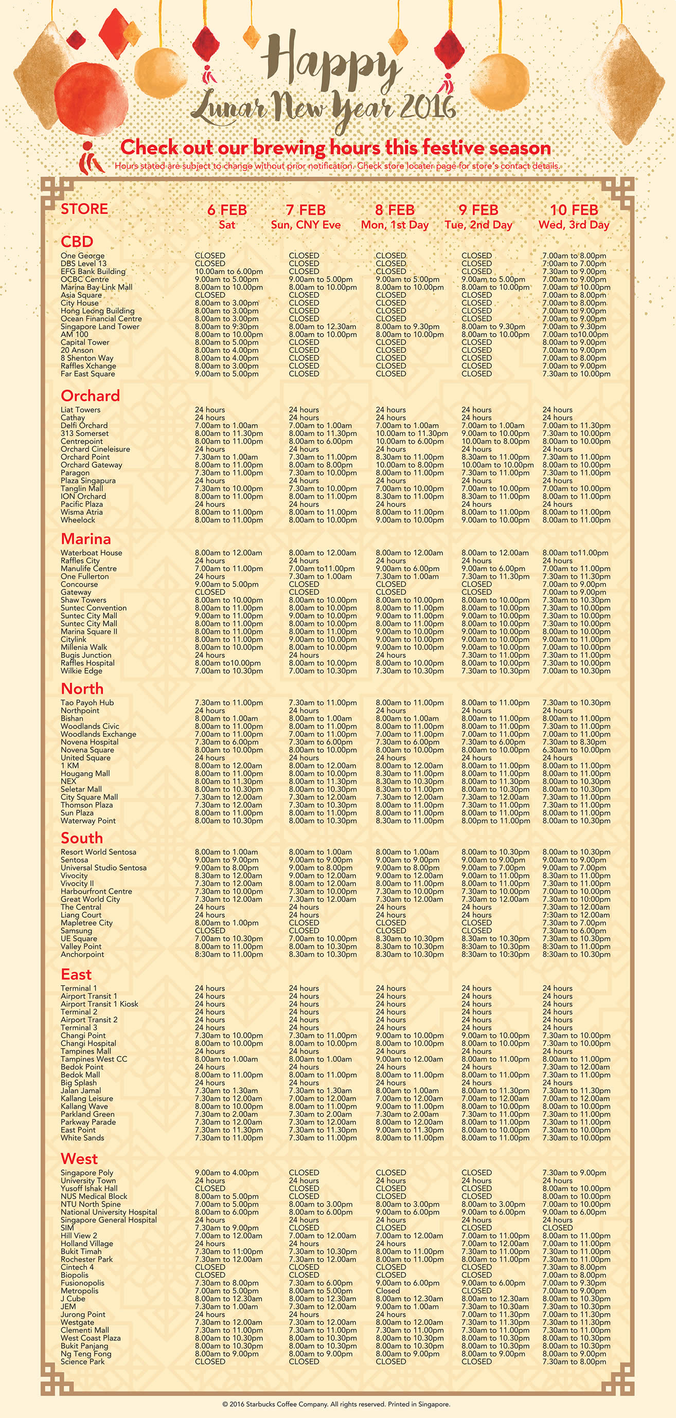 Starbucks Chinese New Year Opening Hours 6 10 Feb 2016