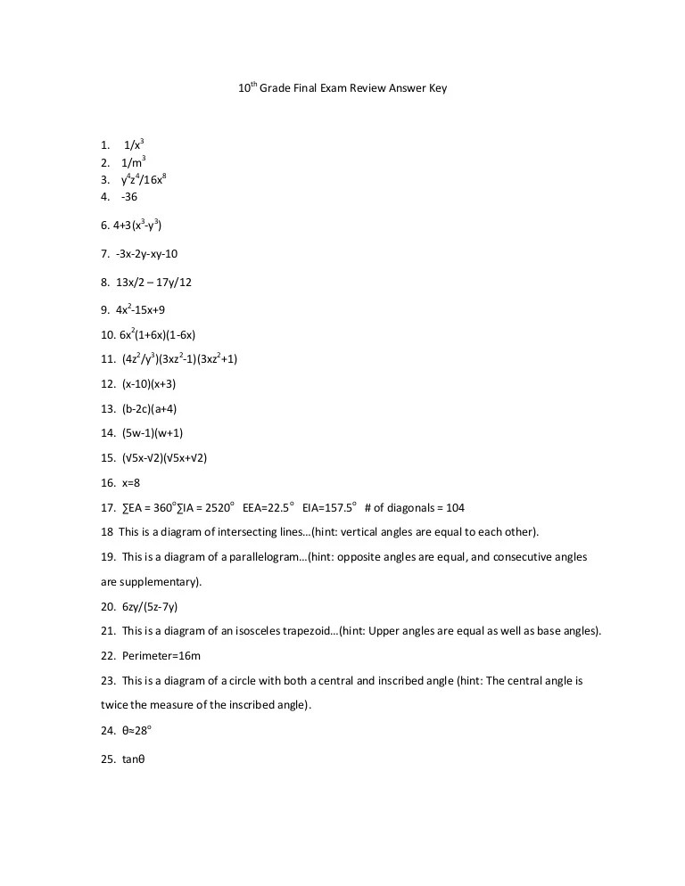 10th grade final exam review answer key