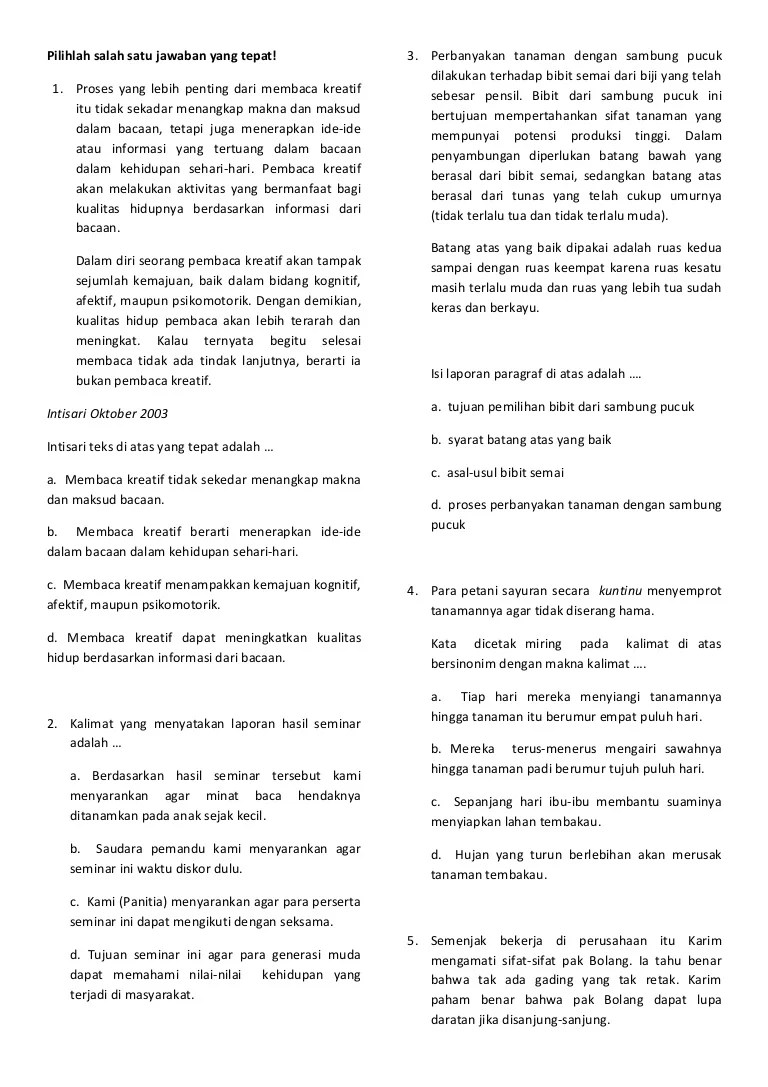 Soal Bahasa Indonesia Kelas 6